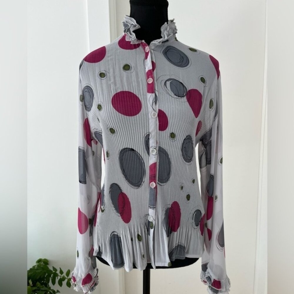 CATHAYA Button Front Sheer Lightweight Blouse Ruffles Pleats Peplum Day to Night